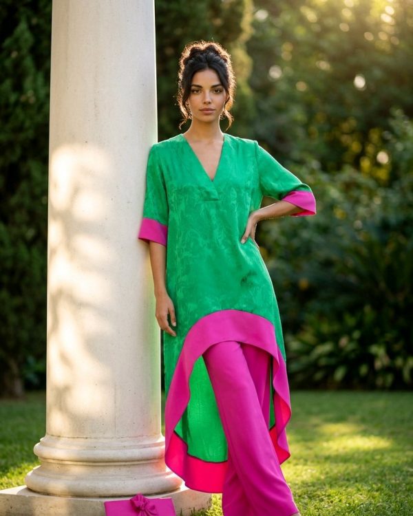 Conjunto de invitada Clara, diseño de blusa estilo kaftán y pantalón ancho